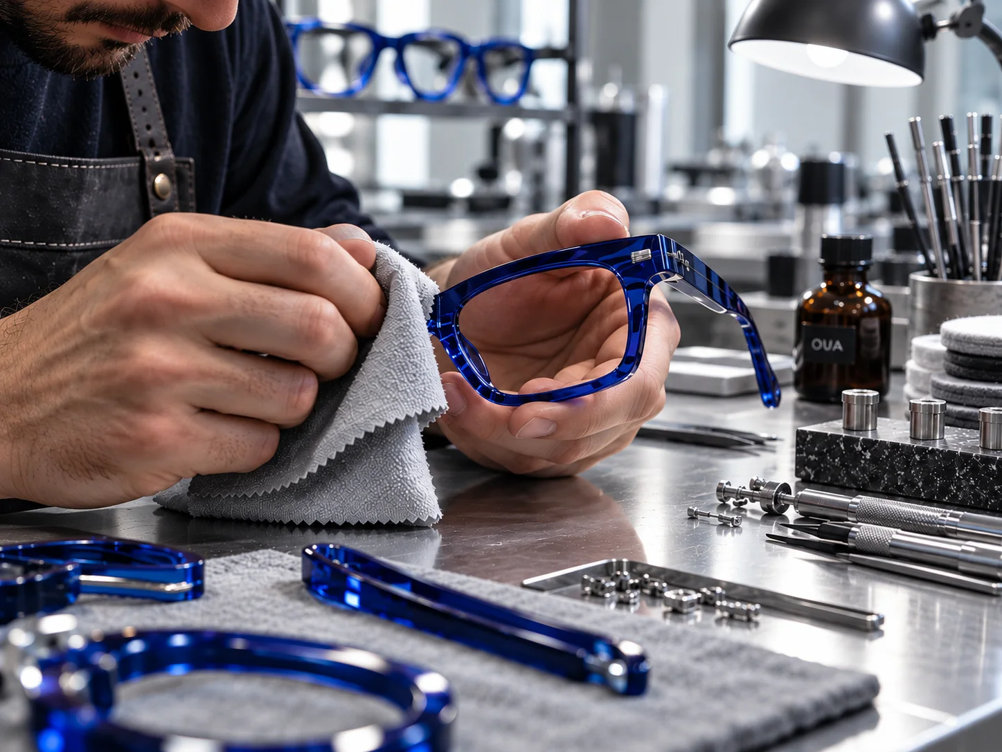 A craftsman polishing a cobalt Ova frame with a cloth at a steel workbench