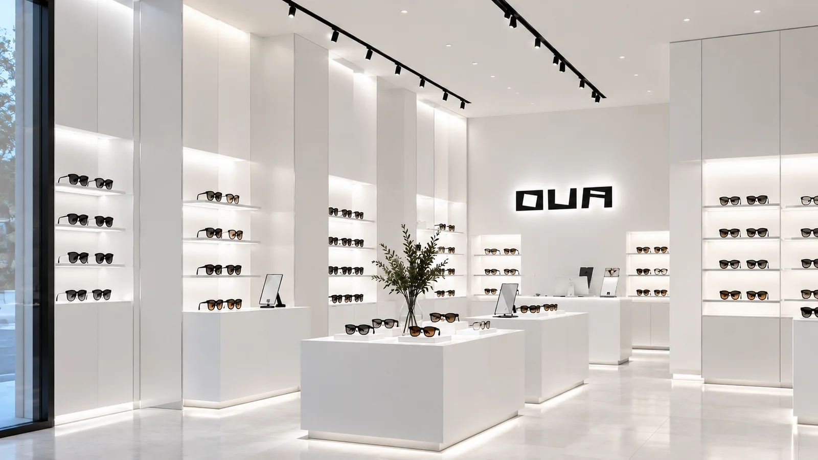The white interior of the Ova store with lit shelves of glasses